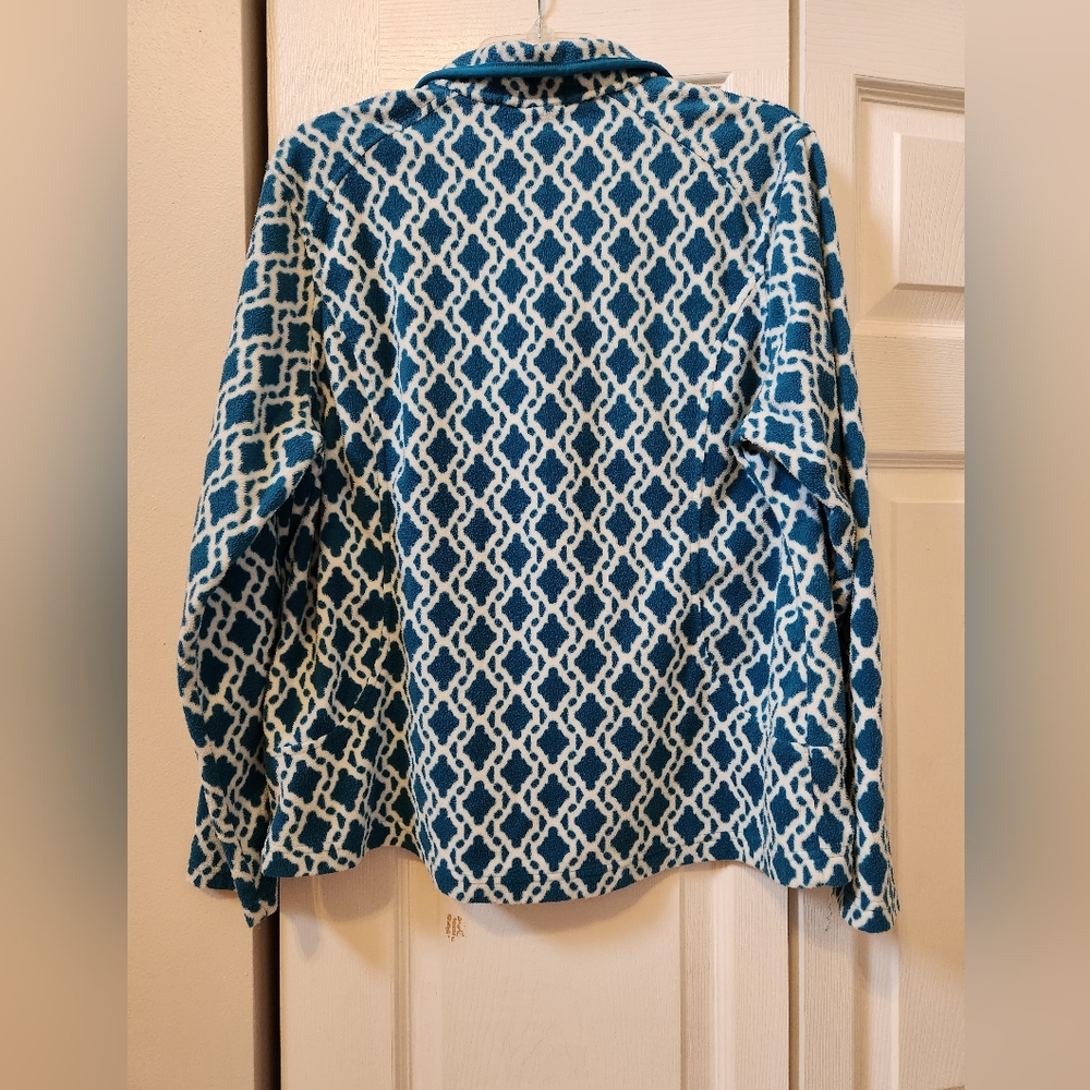 Lands End, Large 14-16, Teal & White, Long Sleeve Zippered Fleece Top - Picture 3 of 5